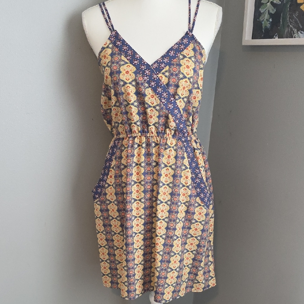 Floral Spaghetti Strap Summer Mini Dress With Pockets Size M